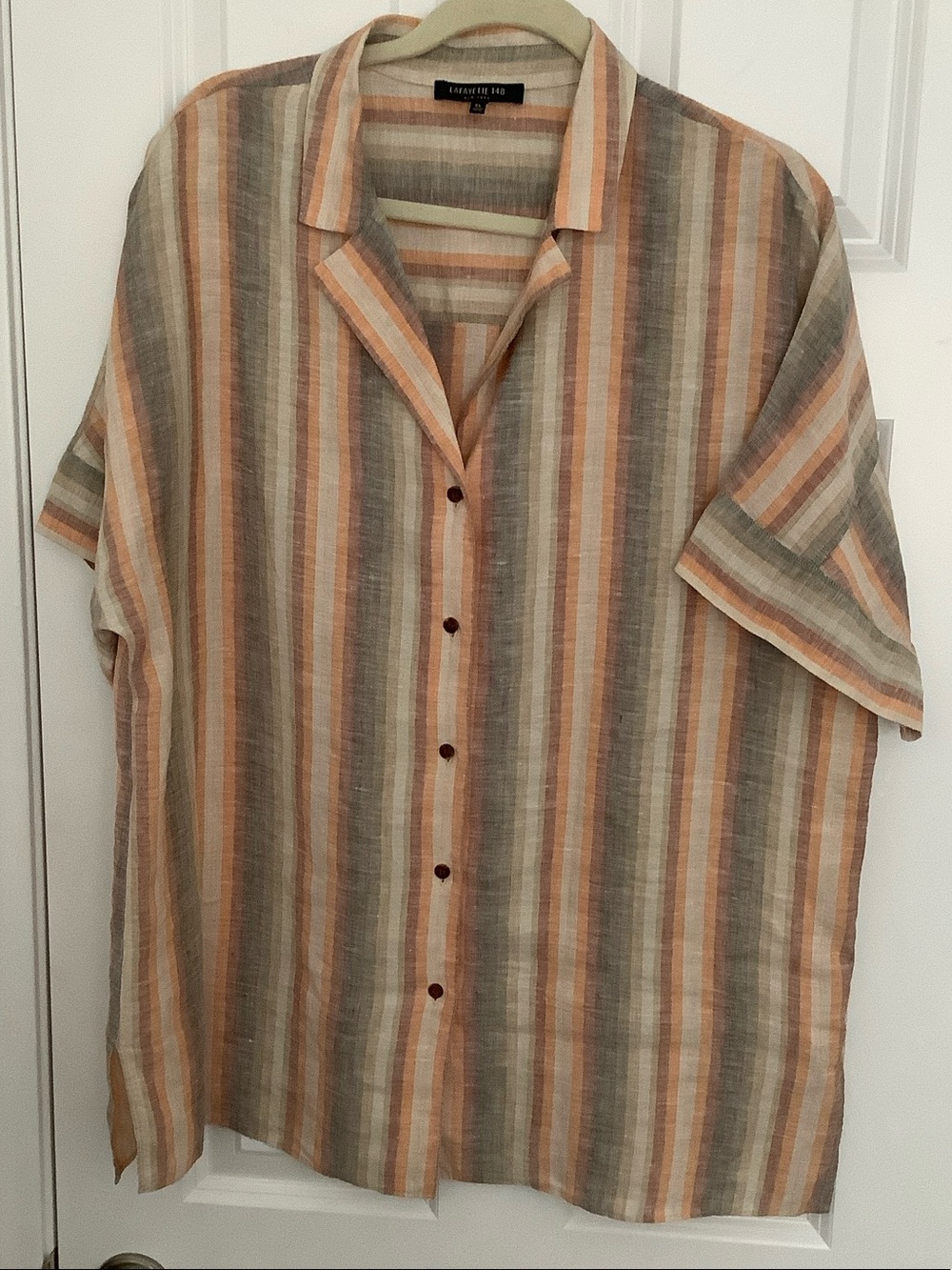 Lafayette 148 New York Vertical Stripe Button-Down in Peach, Beige & Olive